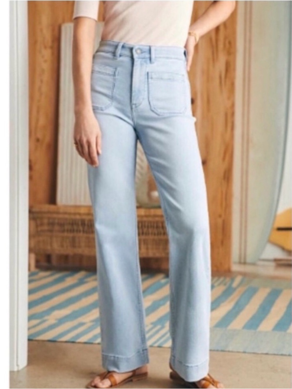 Faherty Stretch Terry Patch Pocket Wide Leg Jeans – Light Wash –